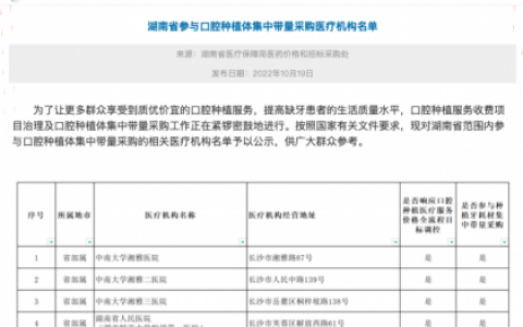 湖南公布种植牙集采参与口腔种植体服务医疗机构名单