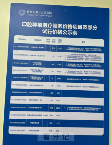 杭州公立医院种植牙价目表（杭州市第一人民医院）