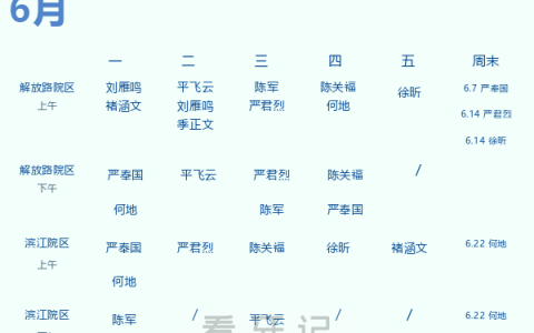 浙二医院口腔外科6月门诊工作安排排班表（专家门诊）