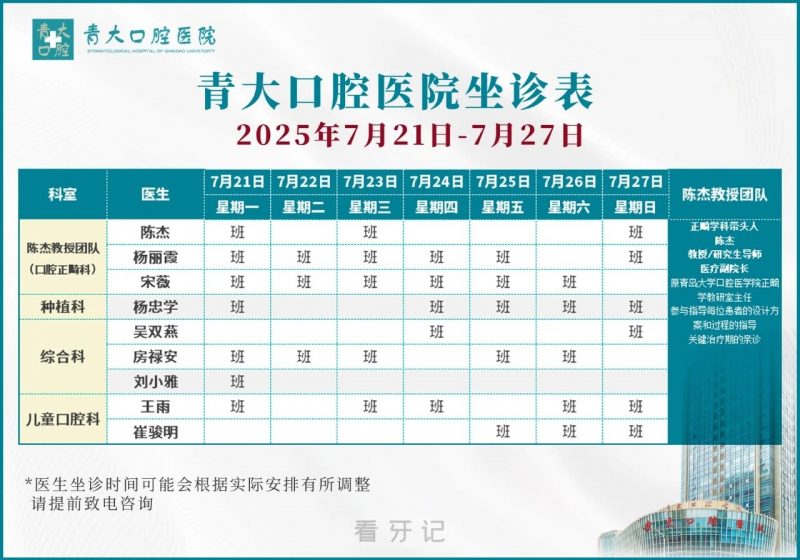 青岛青大口腔医院最新专家医生坐诊排班表发布（2025年7月21日至7月27日）
