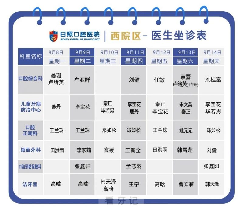 日照口腔医院东院区、西院区医生门诊排班表出炉